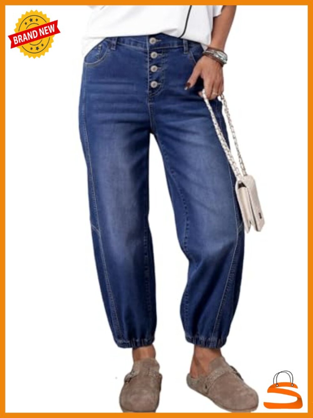 Harem Jeans for Women Button Front Casual Loose Fit Baggy Denim Pants with